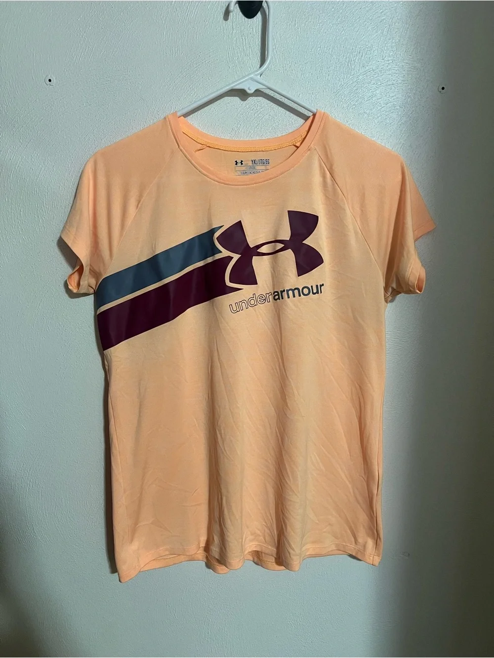 UNDER ARMOUR Classic Heat Gear Athletic Quick Dry T Shirt Orange Grey Girl Sz XL